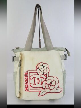 CHANEL Cream & Red Canvas Tote with Camellia Motif